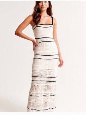 Abercrombie & Fitch Cream Crochet Maxi Dress with Black Trim